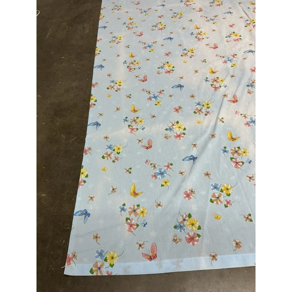 Vintage Thomaston No Iron FULL Flat Sheet Blue with Flowers and Butterflies READ